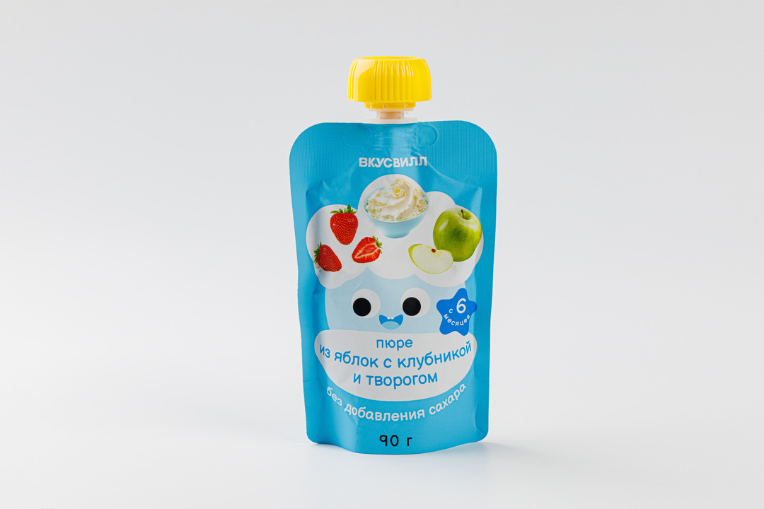 Пюре из яблок с клубникой и творогом, 90 г