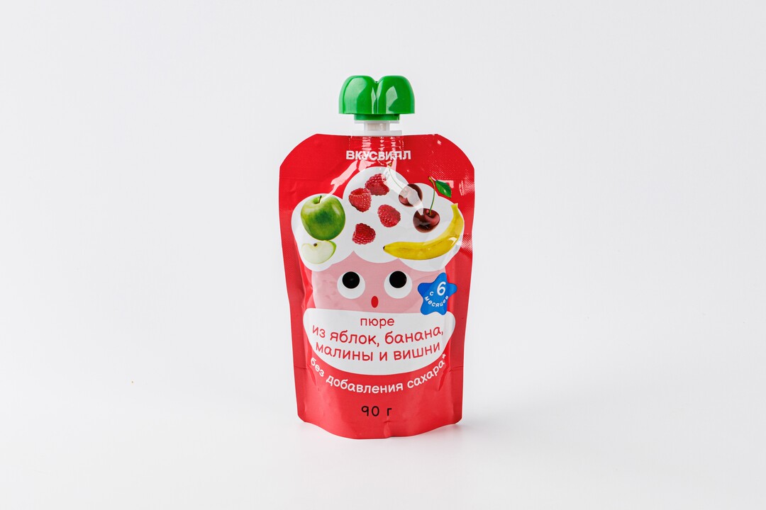Пюре из яблок, банана, малины и вишни, 90 г