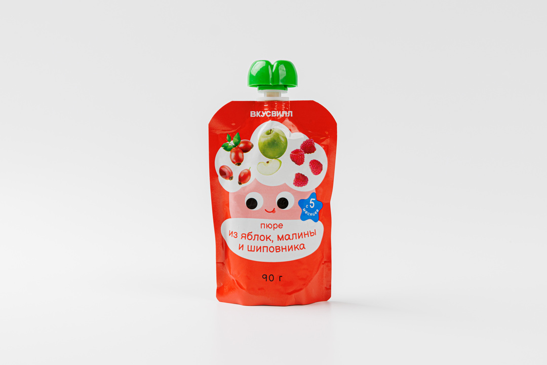 Пюре из яблок, малины и шиповника, 90 г